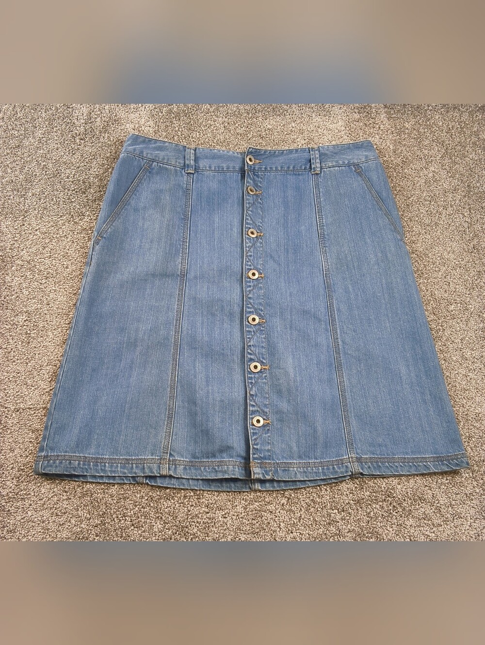Eddie Bauer Denim Skirt Women Size 12 Blue Button Front A-Line Pockets